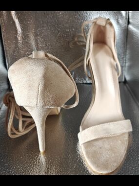 Lace-Up Suede High Heel Sandals in Nude